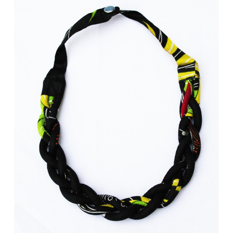 Collier en tissu multi-rangs tressé, imprimé noir/jaune