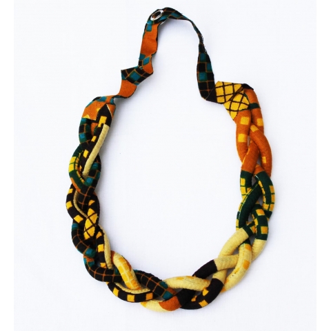 Collier en tissu multi-rangs tressé, imprimé noir/vert/orange