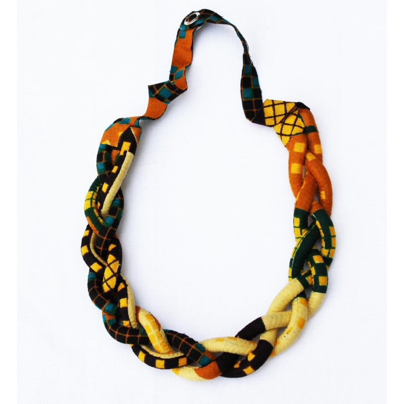 Collier en tissu multi-rangs tressé, imprimé noir/vert/orange